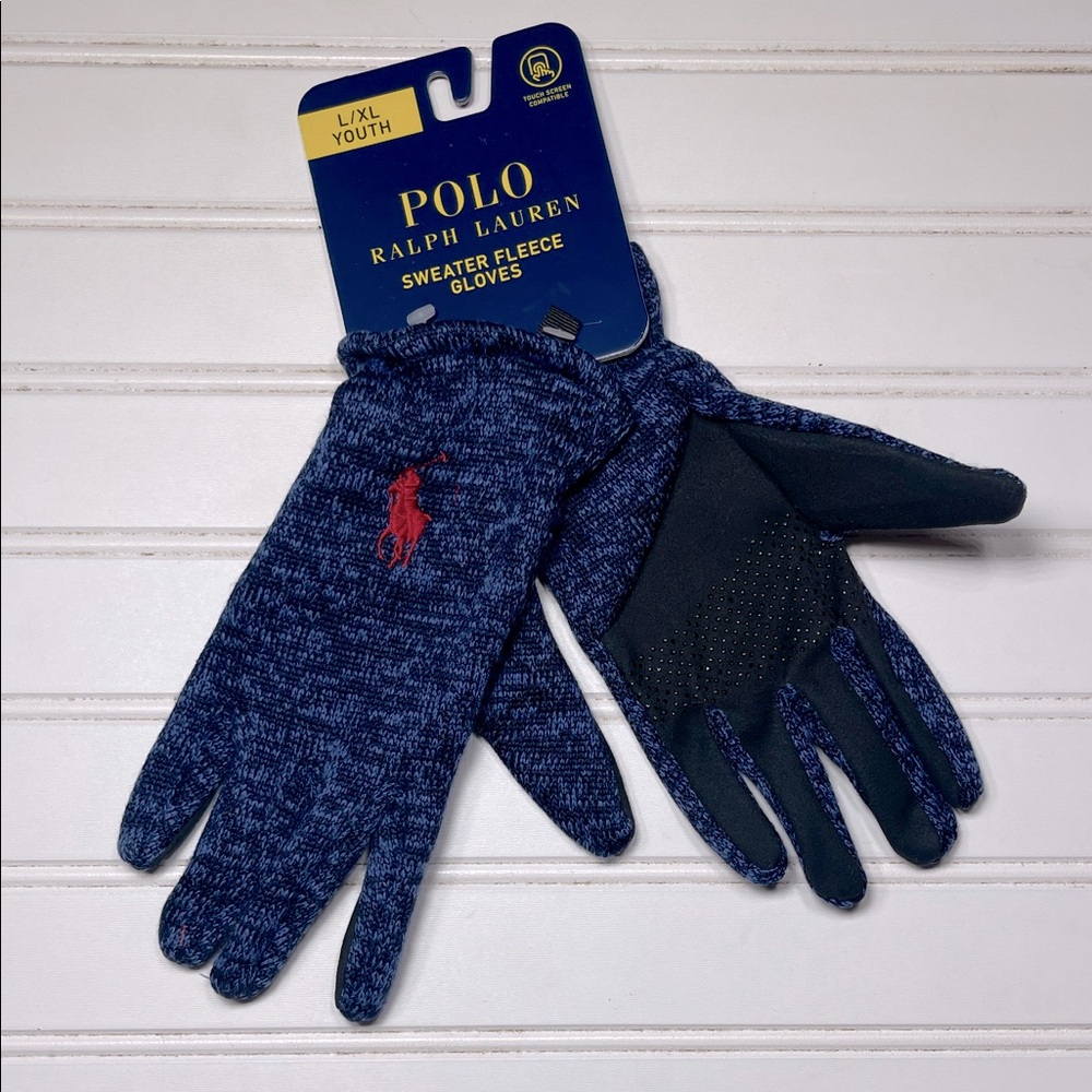 POLO RALPH LAUREN NWT L/XL Youth Navy Sweater Fleece Gloves w/ Grips